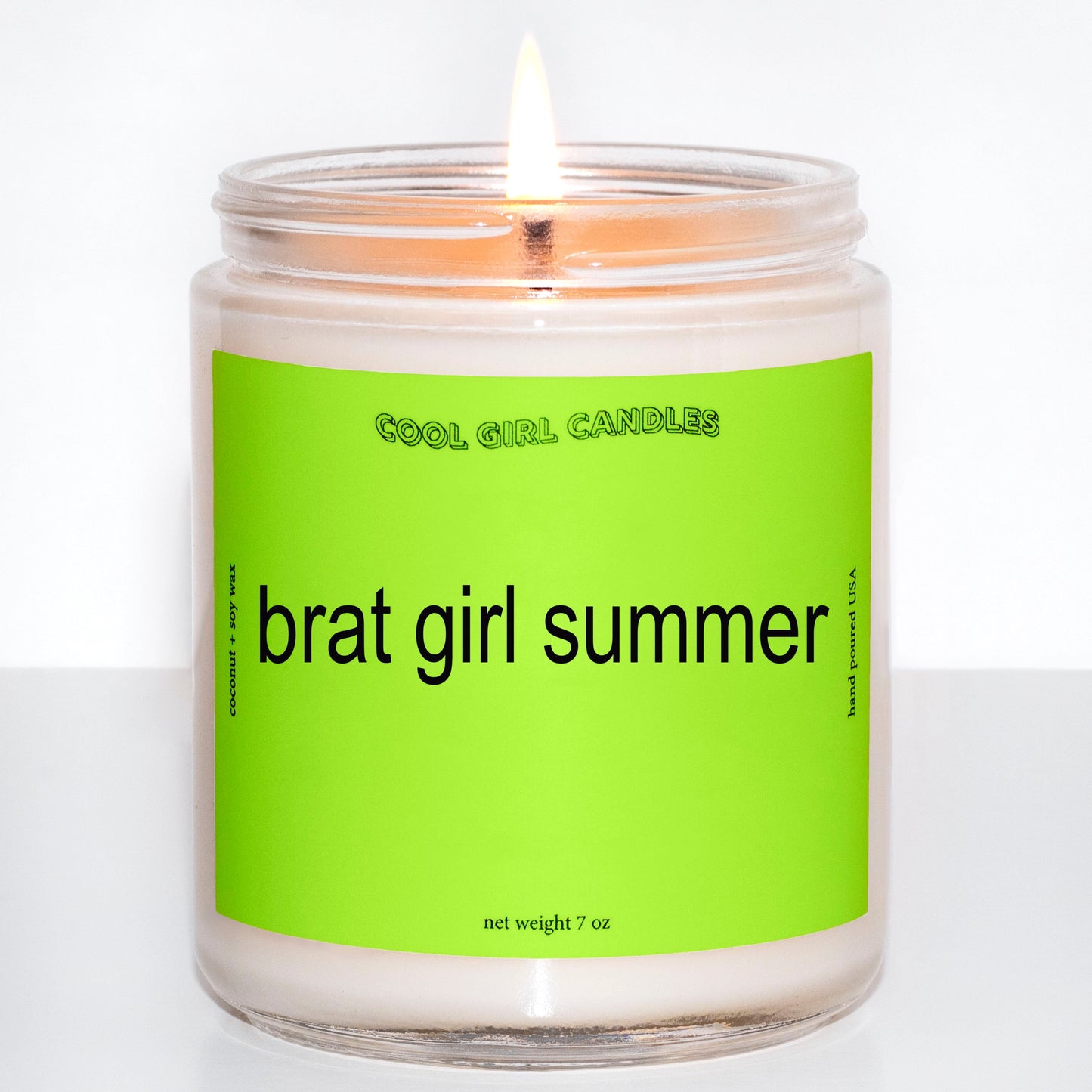 brat girl summer candle featuring sustainable coconut soy wax hand poured by cool girl candles