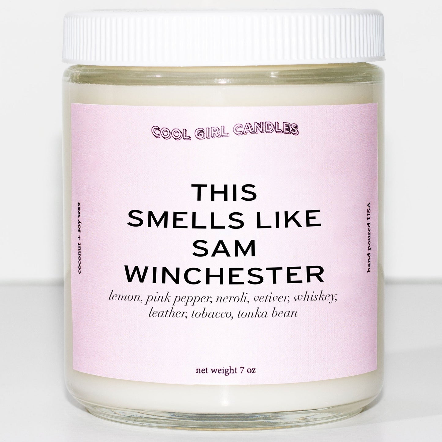 this smells like sam Winchester candle by cool girl candles. Gift for supernatural tv show fans
