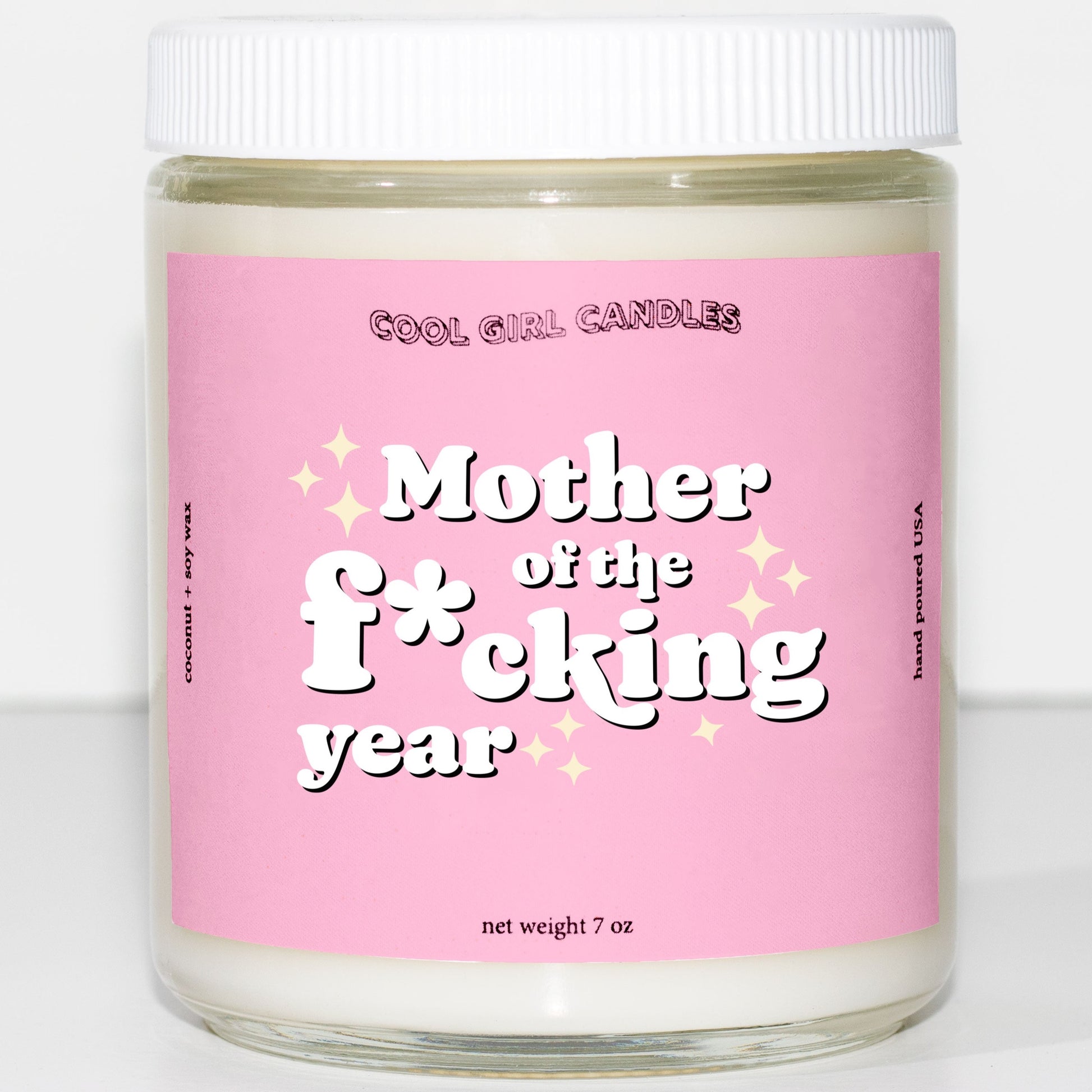 cool girl candles mother of the fucking year candle. mothers day candle. mothers day gift. funny mothers day candle. gifts for mom. funny candle for mom. aesthetic mothers day scented jar candle black and white minimalist with red heart outlines. 8oz scented jar candle with white lid and cute label