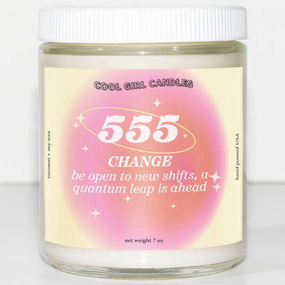 555 angel number gradient soy wax candle from cool girl candles. A cute candle to light and manifest change and quantum leaping into your future with positive vibes. Cute aesthetic aura gradient aesthetic decor candle