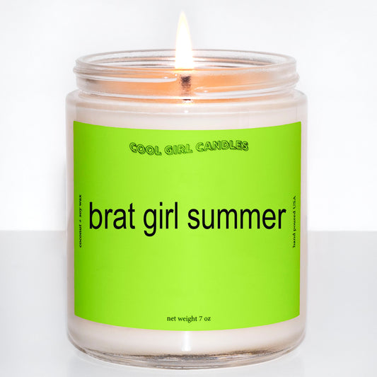 brat girl summer candle featuring sustainable coconut soy wax hand poured by cool girl candles