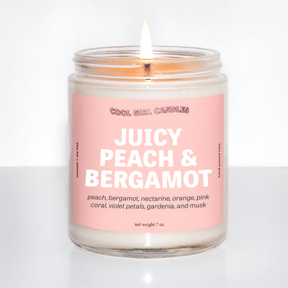 Juicy peach and bergamot candle is a delicious, sweet, fruity, peachy candle with citrusy bergamot notes that instantly smells like summer. It's the perfect fruity candle for summer! It has soft floral and musk notes to round out the scent and complement the fruitiness. Made by cool girl candles