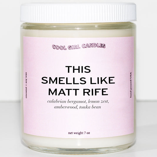 funny Matt rife candle by cool girl candles. A cute pastel pink candle gift for Matt rife fans that says This Smells Like Matt Rife on the label