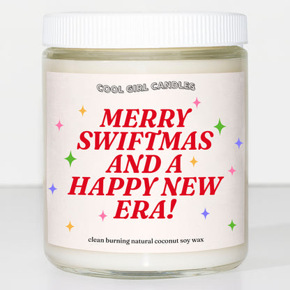 Taylor Swift holiday candle that says Merry Swiftmas and a Happy New Era made by cool girl candles