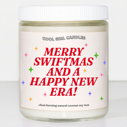 Taylor Swift holiday candle that says Merry Swiftmas and a Happy New Era made by cool girl candles