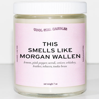 This smells like Morgan wallen candle by cool girl candles part of the celebrity candle collection. This candle has notes of lemon, pink pepper, neroli, vetiver, whiskey, leather, tobacco and tonka bean