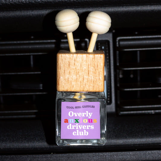 Overly Anxious Drivers Club car freshener by cool girl candles, a cute and fun car accessory and car air diffuser