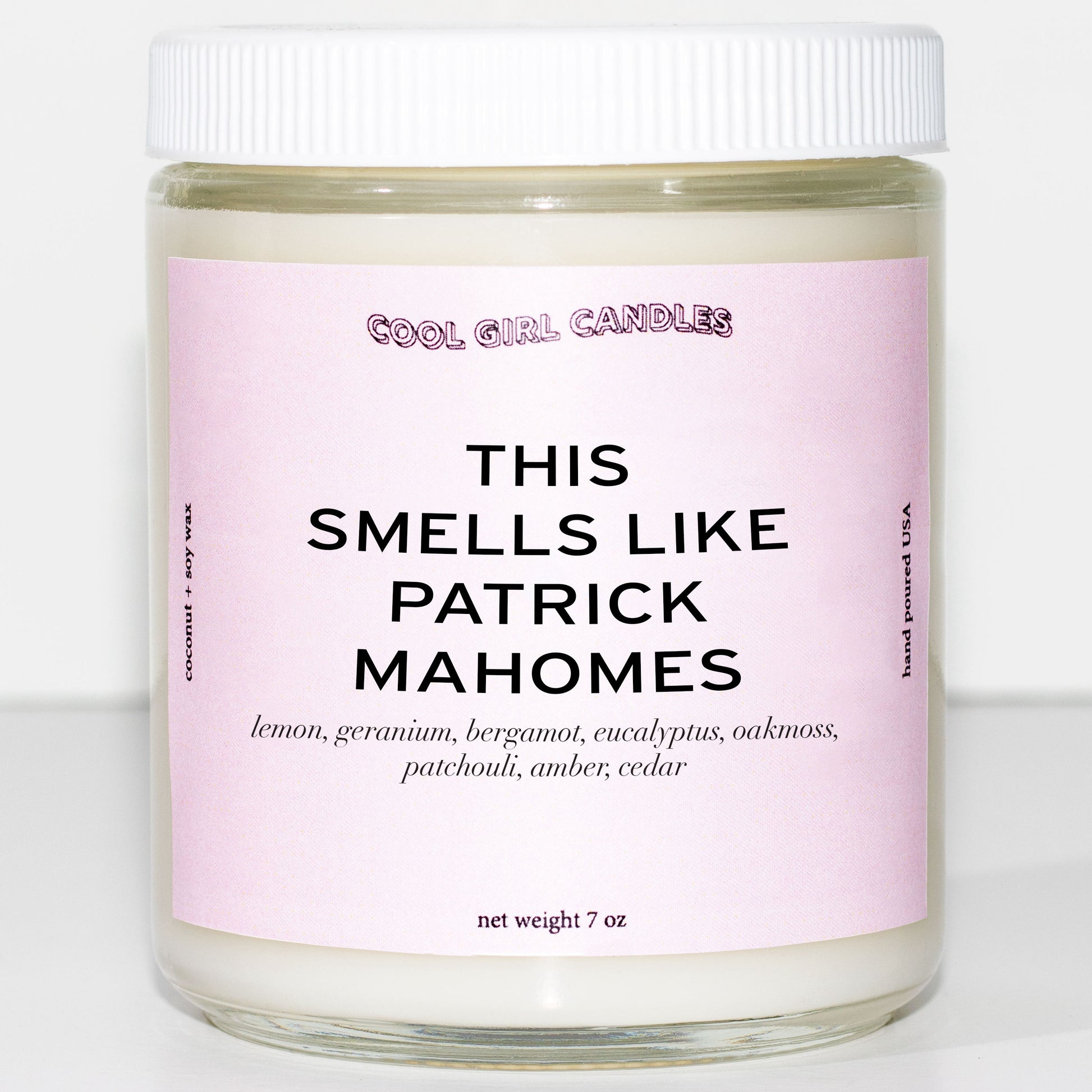 Cool Girl Candles Smells Like Patrick Mahomes Candle. cute aesthetic pink scented candle hilarious candle dealers aesthetic room decor. NFL candle for the Kansas City chiefs. Patrick Mahomes merch