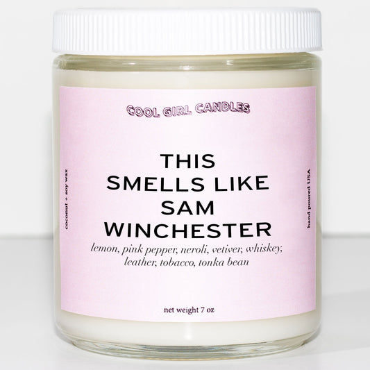 this smells like sam Winchester candle by cool girl candles. Gift for supernatural tv show fans
