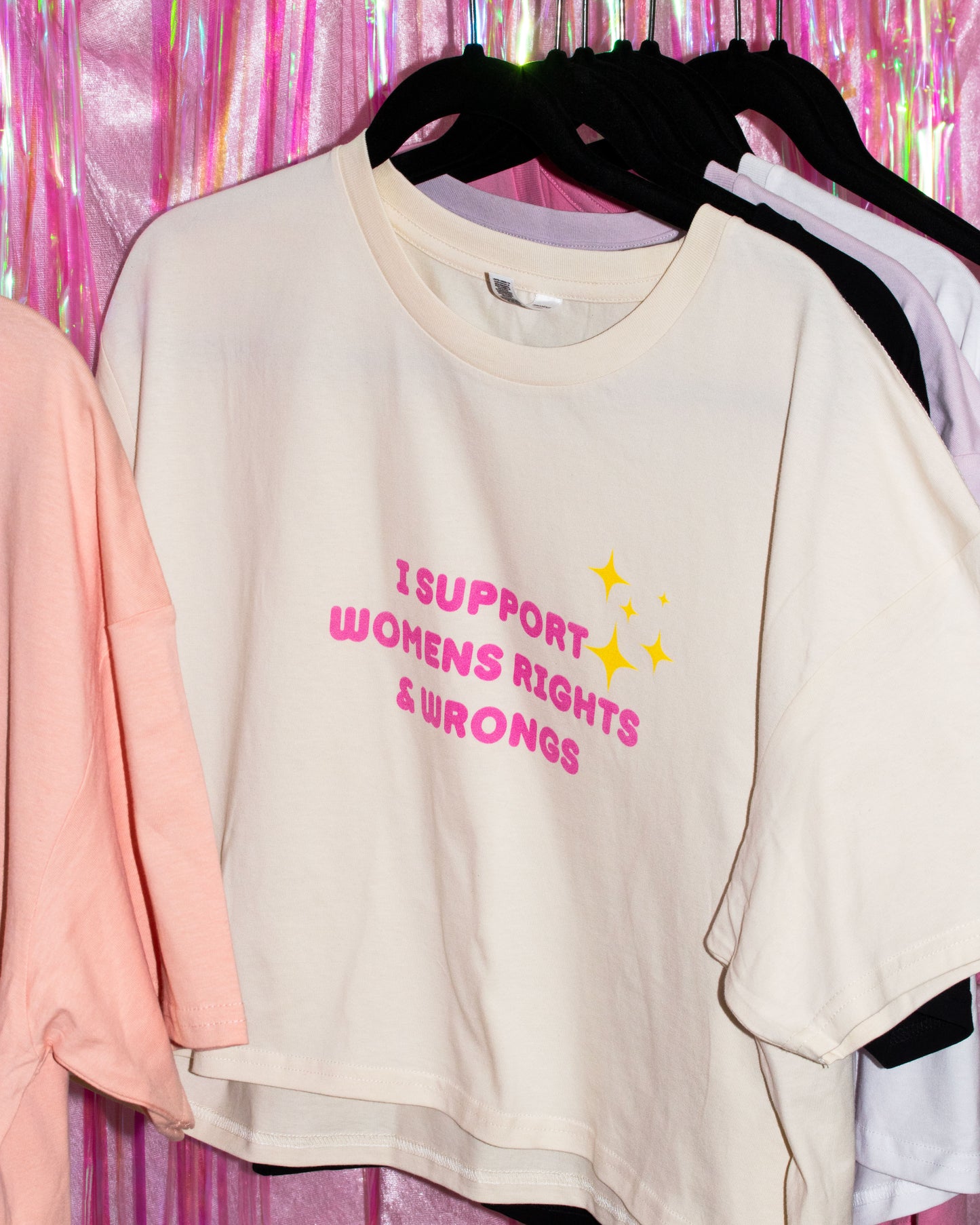 cute cream crop top that says I support women's rights and wrongs made by cool girl candles apparel