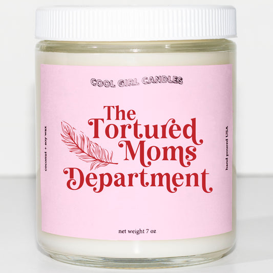 The Tortured Moms Department candle, a Taylor Swiftie mom gift for Mother's Day.