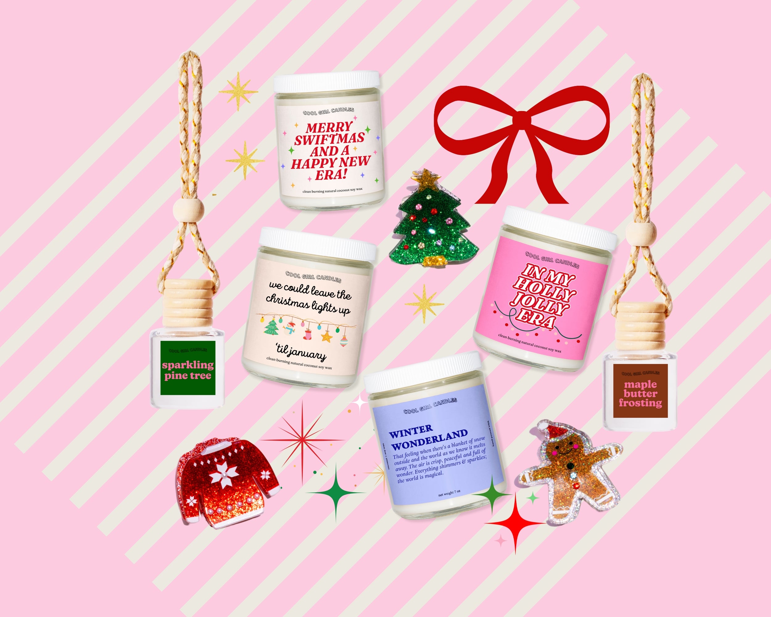 festive holiday candles, hair clips, and car fresheners that make for wonderful holiday decor and gifts to get in the festive mood this season