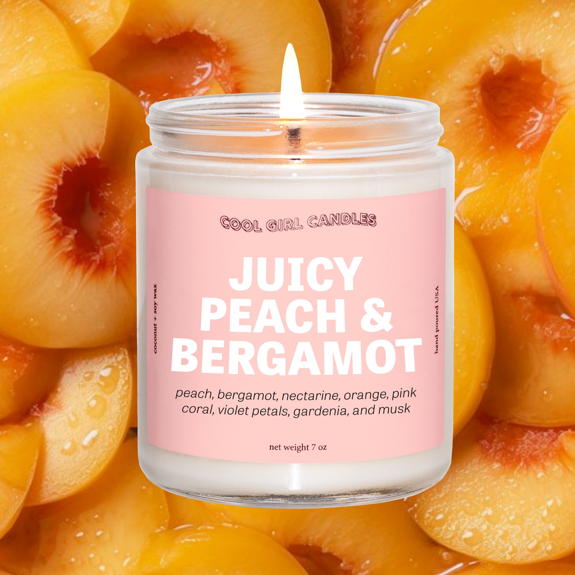 Juicy peach and bergamot candle is a delicious, sweet, fruity, peachy candle with citrusy bergamot notes that instantly smells like summer. It's the perfect fruity candle for summer! Made by cool girl candles