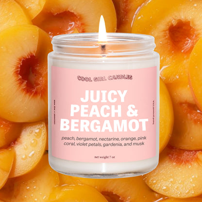 Juicy peach and bergamot candle is a delicious, sweet, fruity, peachy candle with citrusy bergamot notes that instantly smells like summer. It's the perfect fruity candle for summer! Made by cool girl candles