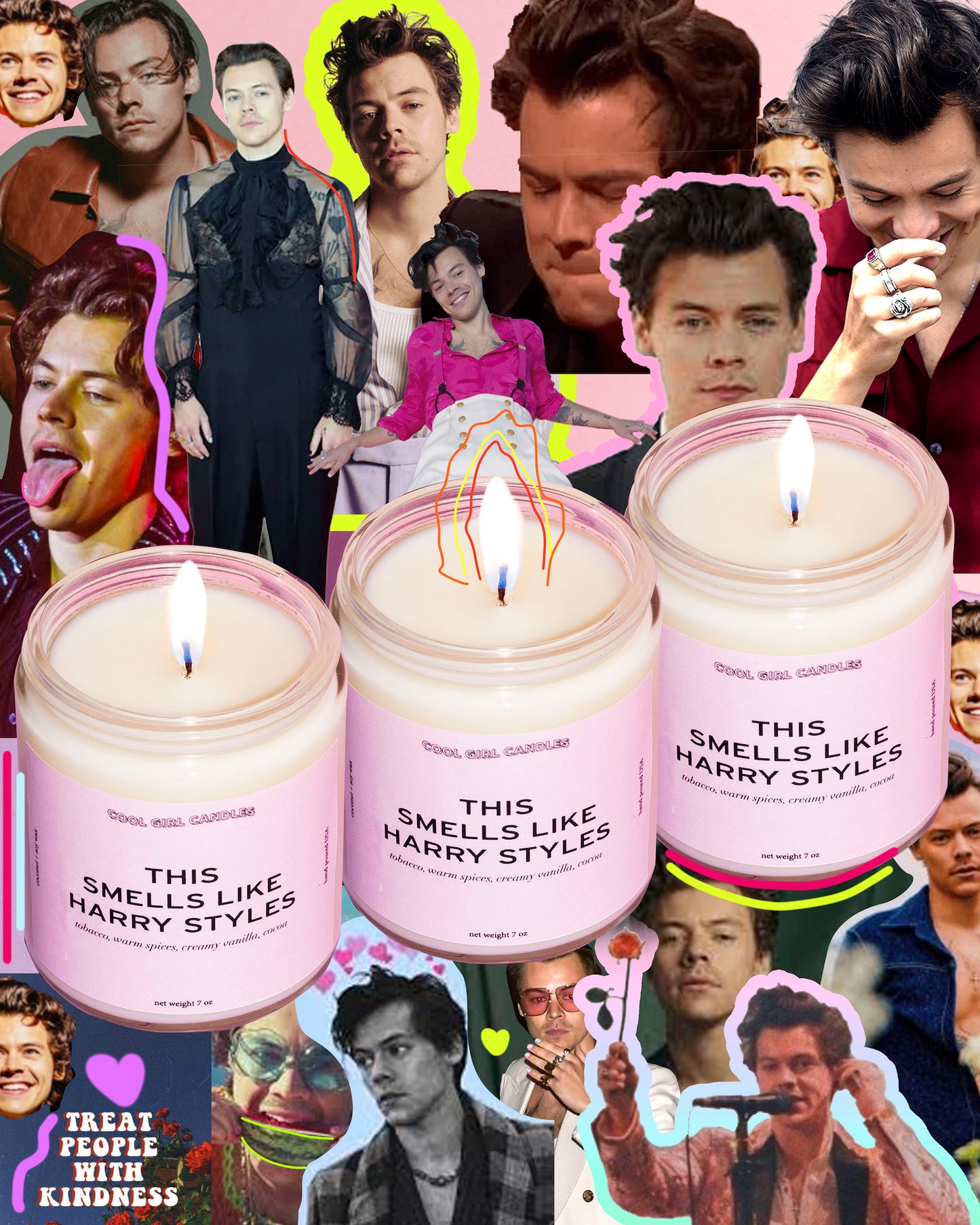 harry styles collage with the original this smells like harry styles candle by cool girl candles