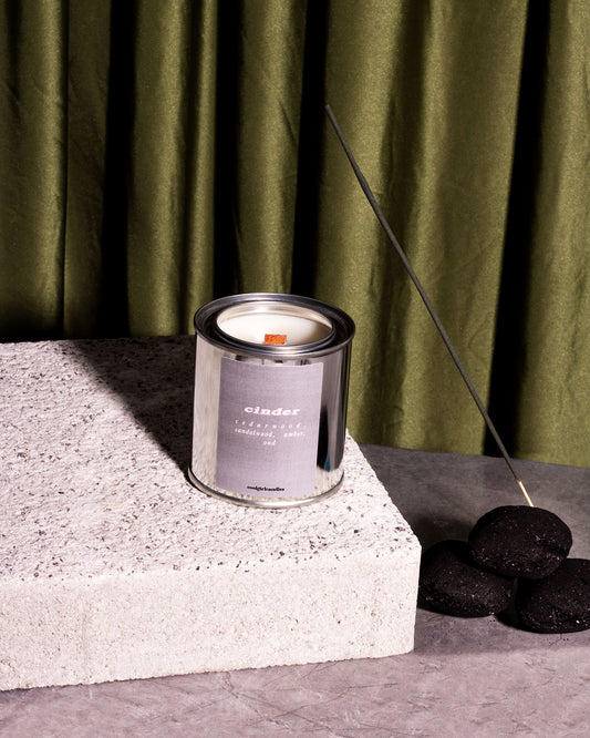 Smoky woody candle. Fall 2022 scented candle. Cedarwood, sandalwood, amber, oud candle. Cool Girl Candles. charcoal scented candle