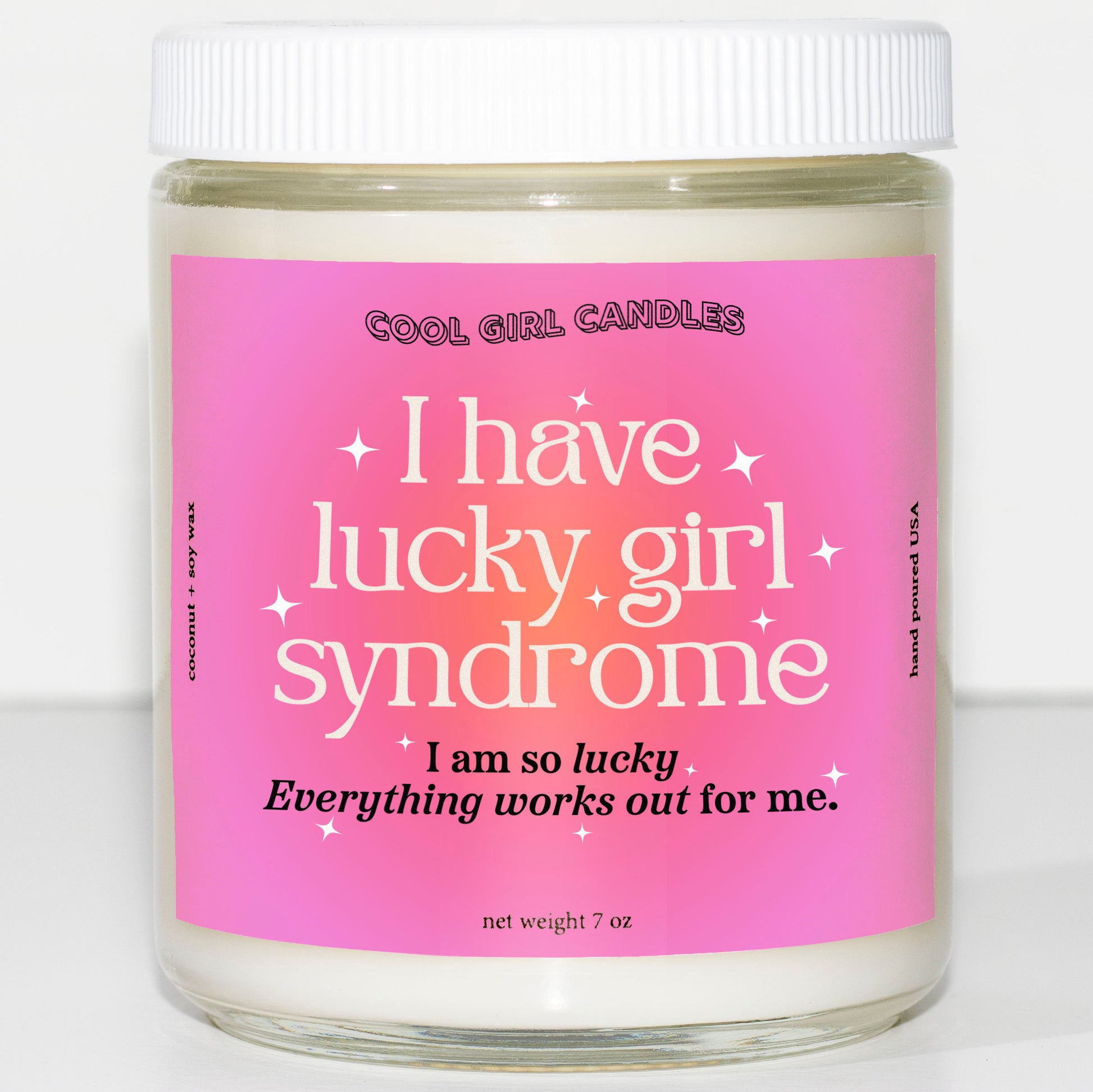 cute aesthetic lucky girl syndrome candle to manifest the fact that you're the luckiest girl in the world. A pink gradient cute candle with good vibes.
