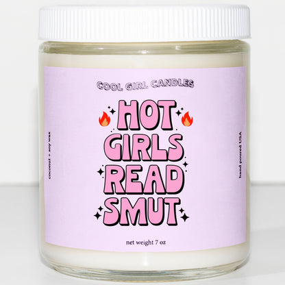 A booktok gift that says Hot Girls Read Smut on the label, a perfect gift for book lovers by cool girl candles
