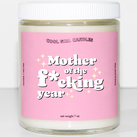 cool girl candles mother of the fucking year candle. mothers day candle. mothers day gift. funny mothers day candle. gifts for mom. funny candle for mom. aesthetic mothers day scented jar candle black and white minimalist with red heart outlines. 8oz scented jar candle with white lid and cute label